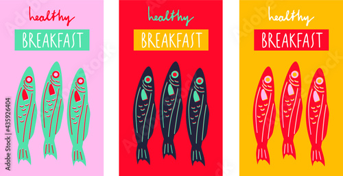 Fish seafood vector illustration. Logo for seafood delivery. Hand drawn elements for menu design, vector colorful illustration collection. EPS 10. 