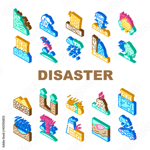 Disaster Destruction Collection Icons Set Vector. Freezing Rain And Heavy Rainfall, Sandstorm And Hurricane, Forest Fire And Drought Disaster Isometric Sign Color Illustrations