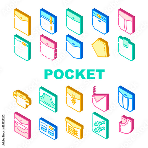 Patch Pocket Clothes Collection Icons Set Vector. Pocket With Clasp And Button For Storage Bullet And Knife, Credit Cards And Coins, Isometric Sign Color Illustrations