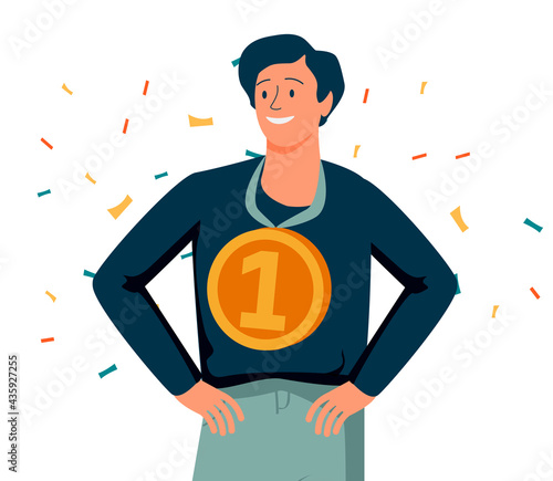 Happy man holding golden medal and celebrating victory. Concept of business success, competition winner, champion or leader, triumph, prize award. Modern flat vector illustration for poster, banner.