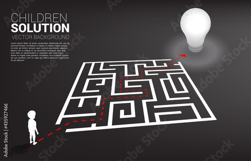 Silhouette of boy with route path to exit the maze to light bulb. Concept of education solution and future of children.