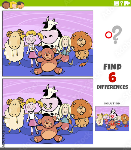 differences educational game with cartoon cuddly toys