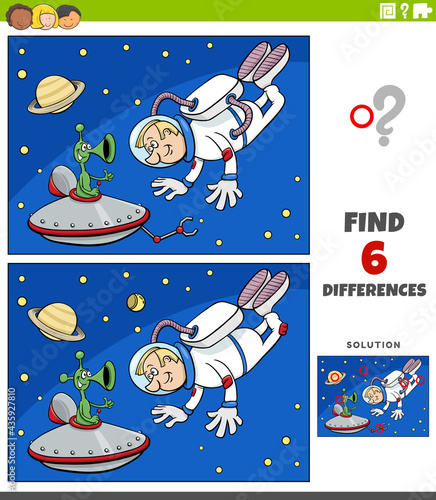 differences educational game with cartoon astronaut and alien