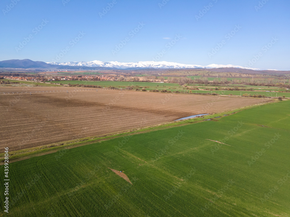 Aerial Spring landscape of Rural Land near town of Hisarya, Bulgaria