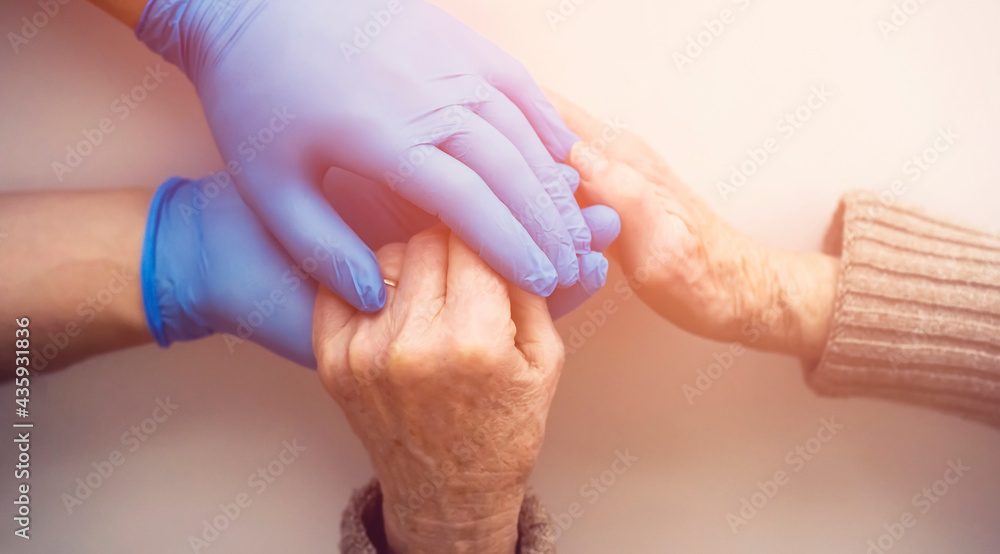 Fototapeta premium A doctor's hands in a blue gloves holds the hands of an elderly woman, a patient. Handshake, caring, trust and support. Medicine and healthcare.