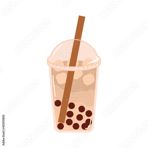 Bubble Milk Tea drink. Ice drink with milk Tea and additional Taiwan tapioca pearl. Tea pearl taiwan thai drink tapioca. Boba with plastic straw cup. Bubble Tea vector illustration.