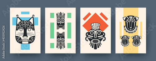 Set of contemporary art posters with traditional masks. Vector illustration. .Collection of african tribal masks in different compositions. Africa, culture, tribe, ritual, totem concept for design