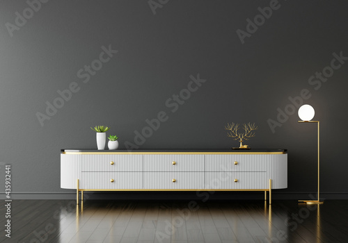 White sideboard in black living room with copy space, 3D rendering photo