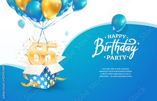 Celebrating 65th years birthday vector illustration. Sixty five anniversary celebration. Adult birth day. Open gift box with numbers flying on balloons