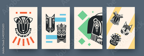 Set of contemporary art posters with facial tribal masks. Vector illustration. .Collection of african totem masks in different compositions. Africa, culture, tribe, ritual, totem concept for design