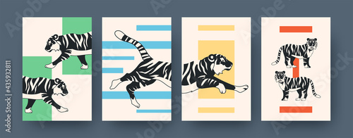 Set of contemporary art posters with tiger pattern. Vector illustration. .Collection of running, sitting, lying tiger in flat design. Africa, animal, wildlife, cat, jungle concept for media design