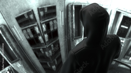 Anonymous hacker with black leather hoodie in shadow under spaceship inside background. Dangerous criminal concept image. 3D CG. 3D illustration. 3D high quality rendering.