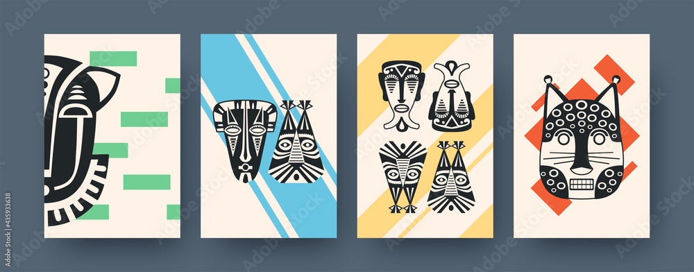 Set of contemporary art posters with African facial masks. Vector illustration. .Collection of african tribal masks in different compositions. Africa, culture, tribe, ritual, totem concept for design