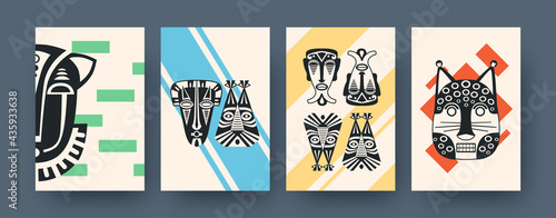 Set of contemporary art posters with African facial masks. Vector illustration. .Collection of african tribal masks in different compositions. Africa, culture, tribe, ritual, totem concept for design