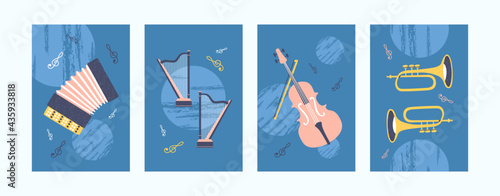 Colorful collection of art posters with musical instrument. Bright music instruments in creative style. Accordion, harp, violin and pipe on blue background. Concept for banners, website design