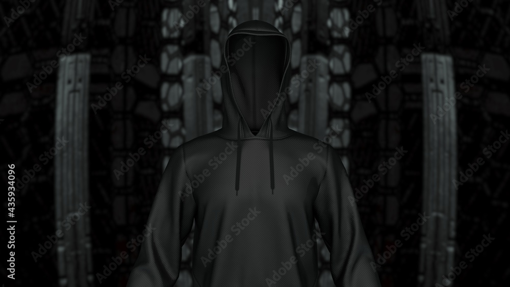 Anonymous hacker with black leather hoodie in shadow under spaceship inside background. Dangerous criminal concept image. 3D CG. 3D illustration. 3D high quality rendering. Anonymous hacker with black leather hoodie in shadow under spaceship inside background. Dangerous criminal concept image. 3D CG. 3D illustration. 3D high quality rendering.