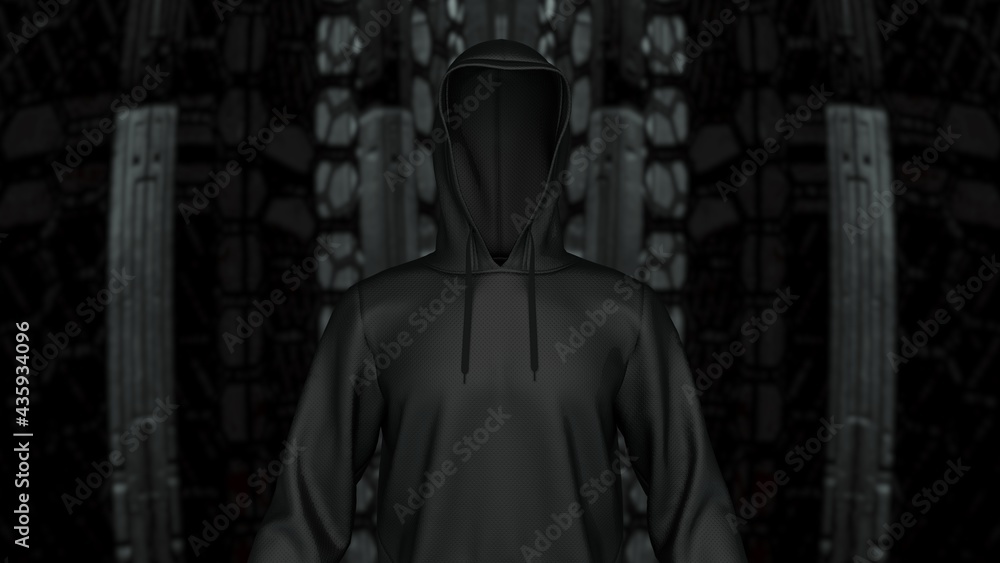 Anonymous hacker with black leather hoodie in shadow under spaceship inside background. Dangerous criminal concept image. 3D CG. 3D illustration. 3D high quality rendering.