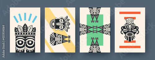 Set of contemporary art posters with afro masks. Vector illustration. .Collection of african tribal masks in colorful background. Africa, culture, tribe, ritual, totem concept for social media design
