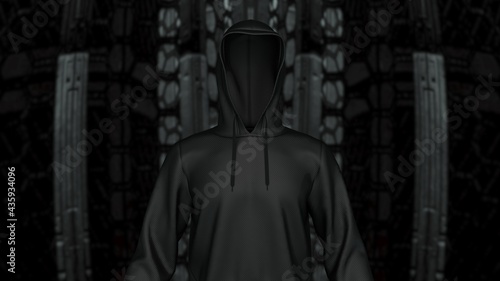 Anonymous hacker with black leather hoodie in shadow under spaceship inside background. Dangerous criminal concept image. 3D CG. 3D illustration. 3D high quality rendering.