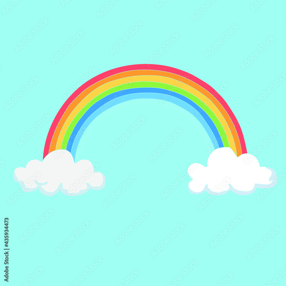 Multicolored rainbow with the colors red, orange, yellow, green, and different shades of blue on a blue background with two white clouds with light gray parts. It sends joy in the spring.