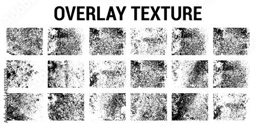 Grunge overlay texture collection. Variety textures with imitation of paint, damage, vintage wear and ink splatter. Overlay dirty stamp in urban style with spray effect. Grunge stamp set. Vector set