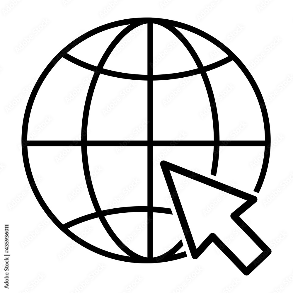 World icon with mouse cursor outline icon. Go to web line symbol. Vector illustration isolated on white background. World icon with mouse cursor outline icon. Go to web line symbol. Vector illustration isolated on white background.
