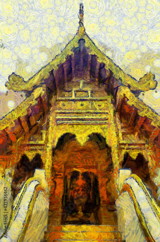 Ancient temples, art and architecture in the northern Thai style Illustrations creates an impressionist style of painting. © Kittipong