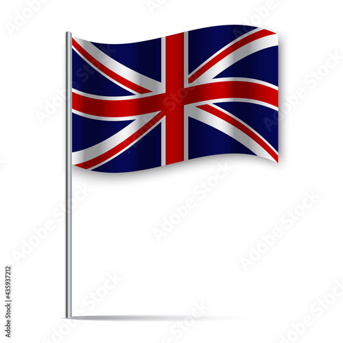 Icon with england flag stick on white background. British flag, united kingdom flag. Vector illustration. Stock image.