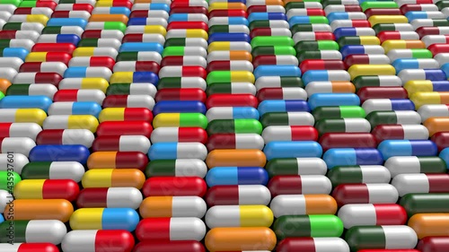 Realistic multicolored capsules.
Medical pills background. 3D rendering.
Medicine, healthcare or pharmacy concept. 