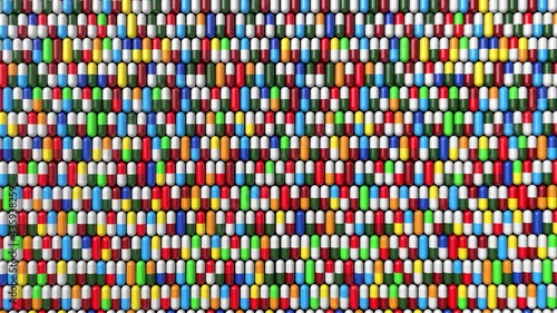 Realistic multicolored capsules.
Medical pills background. 3D rendering.
Medicine, healthcare or pharmacy concept. 