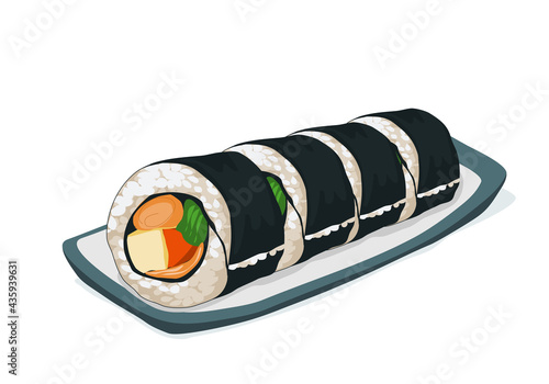Isolated plate of Sushi raw on white background. vinegared rice, salt and sugar roll with  seaweed. Close up food drawing vector illustration. Japanese anime food.   