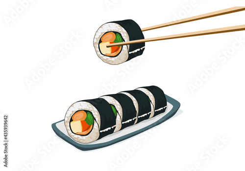 Sushi. Chopsticks pick sushi up from a plate. Close up Japanese food anime drawing. Vector illustration on white background.  
