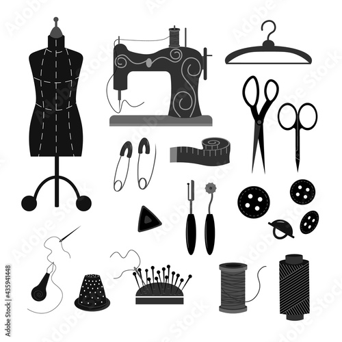 Tailoring tools - set in black and white. Mannequin, needles and thread, sewing machine, thimble and pins. Illustration for logo designs, sewing shops and ateliers, boutiques, price tags. Vector