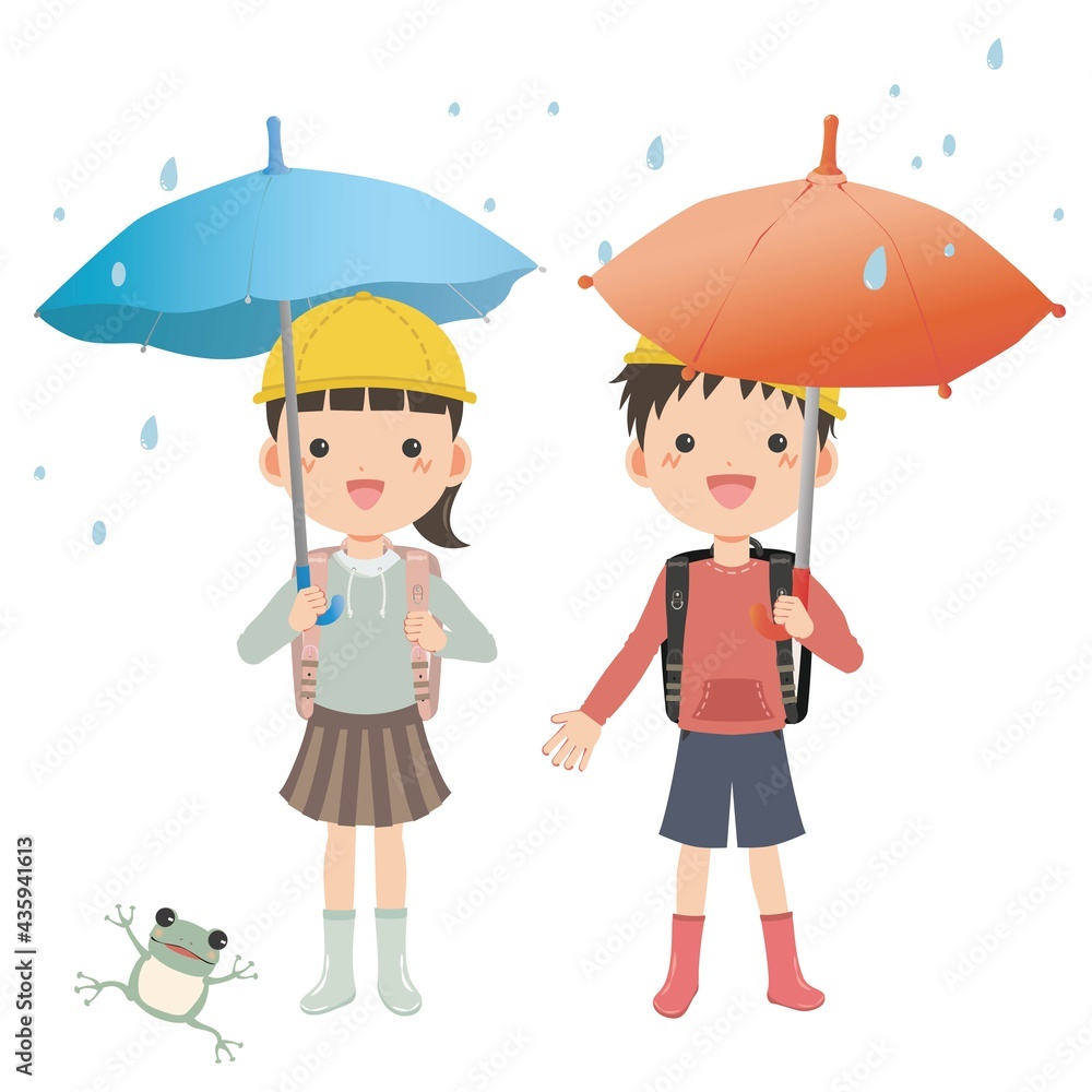 雨の日の登校中にカエルを見つけた男の子と女の子 雨の日の登校中にカエルを見つけた男の子と女の子