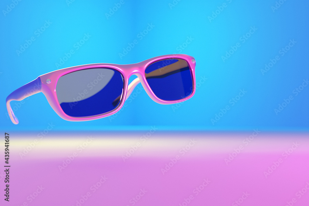 3d illustration of realistic pink sunglasses with shadows on a blue-pink backdrop background. 3d illustration of realistic pink sunglasses with shadows on a blue-pink backdrop background.
