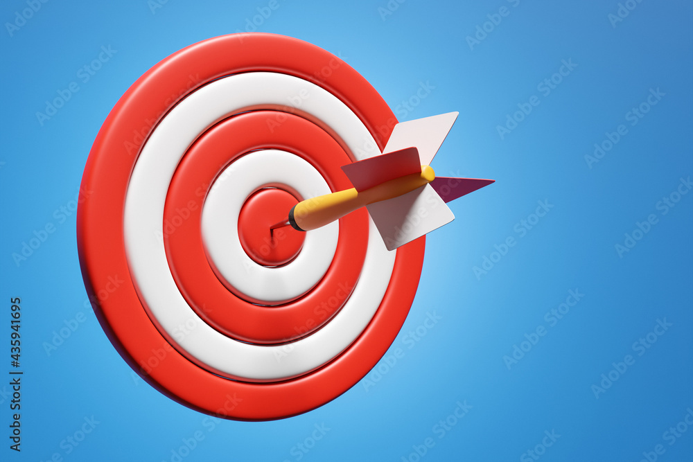 3d illustration of a round red and white target with an arrow on a blue isolated background. Red target, arrow, idea concept, perfect hit, winner. Darts game 3d illustration of a round red and white target with an arrow on a blue isolated background. Red target, arrow, idea concept, perfect hit, winner. Darts game