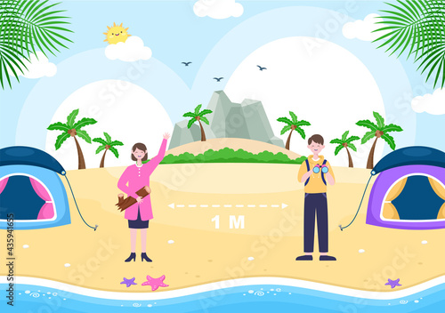 Happy Summer Camp in the Beach for Expedition, Travel, Explore and Outdoor Recreation. Landscape Background Illustration