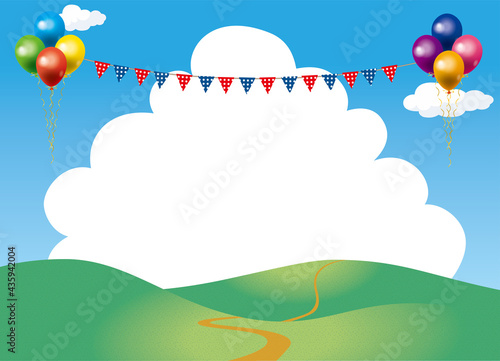 夏とハッピーなイメージのイラスト背景素材：青空とバルーン風船と大きな入道雲広大な野原　草原　山　丘