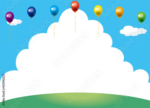 夏とハッピーなイメージのイラスト背景素材：青空とバルーン風船と大きな入道雲広大な野原　草原　山　丘