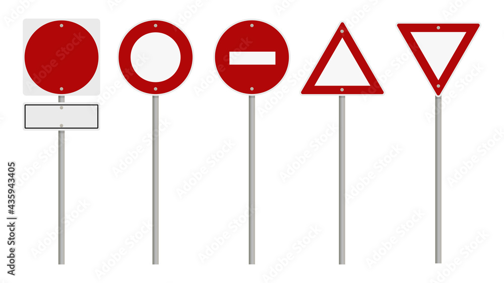 Collection of blank red road sign or Empty traffic signs isolated on