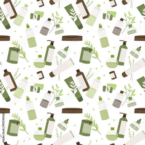 Apothecary bottle: febrifuge, antipyretic, syrup, ointment, drops, cream. Homeopathy, naturopathy. Holistic medicine. Natural organic herb. Vector flat cartoon illustration, seamless pattern
