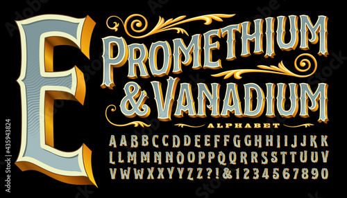 Prometheum and Vanadium is an ornate antique style font with gold edges and 3d depth. Classic old-world style reminiscent of circus, carnivals, carousels, western saloons, tattoo parlor logos, etc. photo