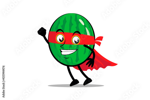Watermelon Mascot as a superhero wearing a cloak and costume, ready to take flight