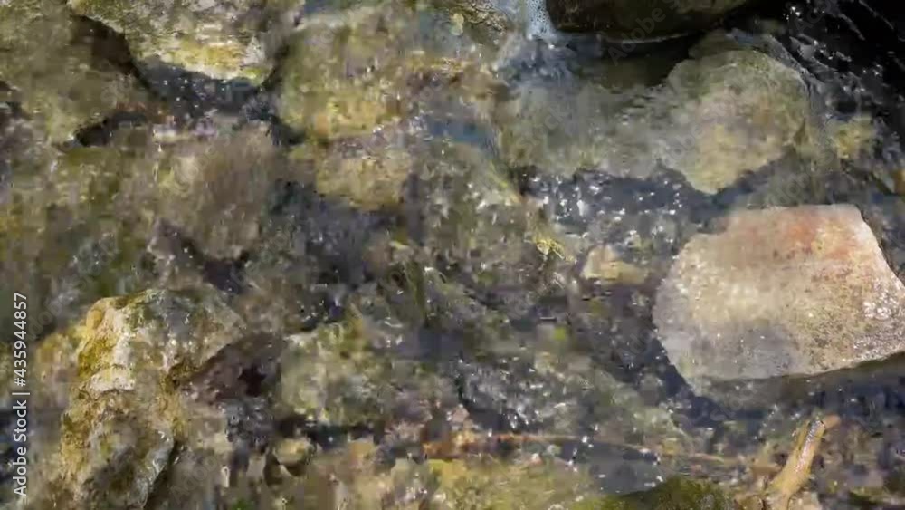 Water stream in a river on rocks next to a waterfall, with its majestic sound Water stream in a river on rocks next to a waterfall, with its majestic sound
