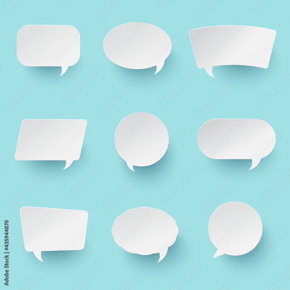Set of speech bubble isolated on blue background. Paper cut and craft style illustration. sticker, tag, label Set of speech bubble isolated on blue background. Paper cut and craft style illustration. sticker, tag, label