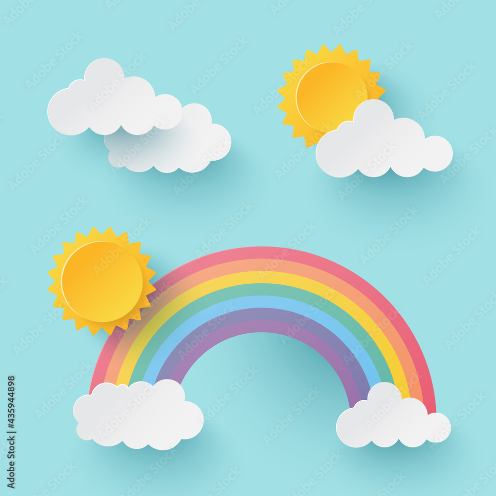 Sun with rainbow and cloud on blue background. Paper cut and craft style illustration Sun with rainbow and cloud on blue background. Paper cut and craft style illustration