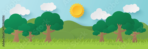 Summer time background. Nature landscape. Paper cut and craft style illustration