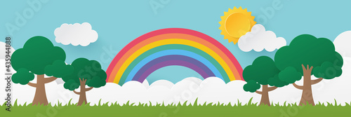 Summer time background. Spring and summer with rainbow in the park. Paper cut and craft style illustration