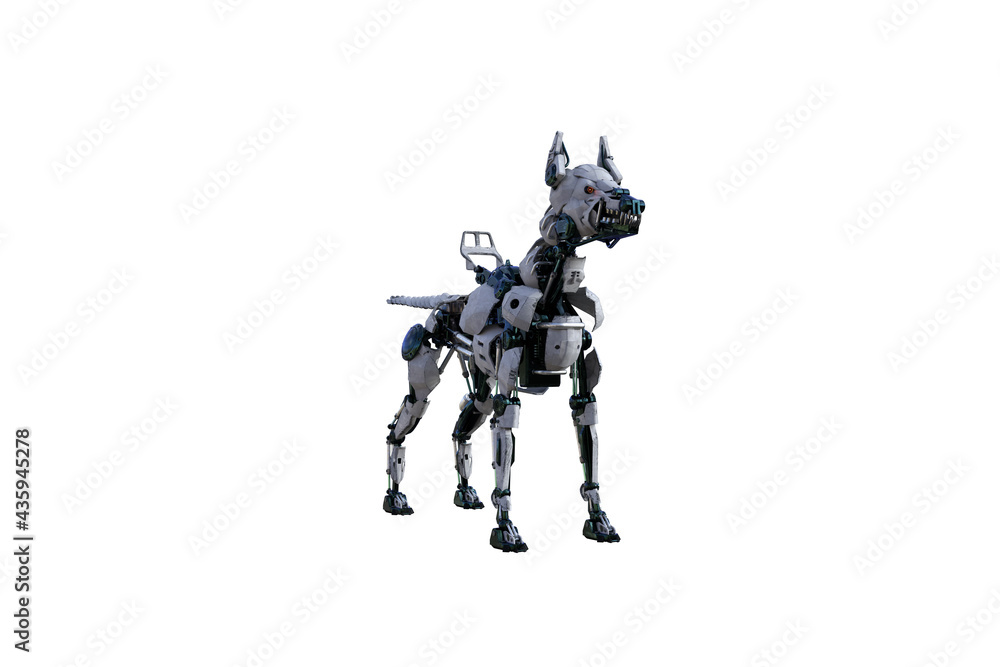 Cyborg dog with various poses for using a collage. Cyborg dog with black and white textures created in 15 degree steps. 3D rendering, 3D illustration