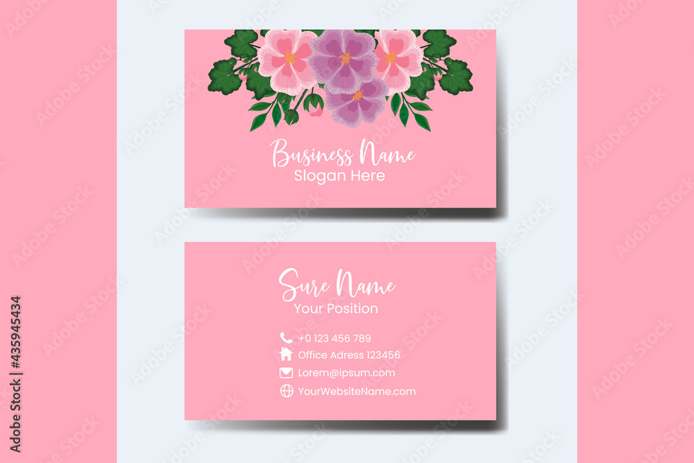 Business Card Template Hollyhocks Flower .Double-sided Blue Colors. Flat Design Vector Illustration. Stationery Design